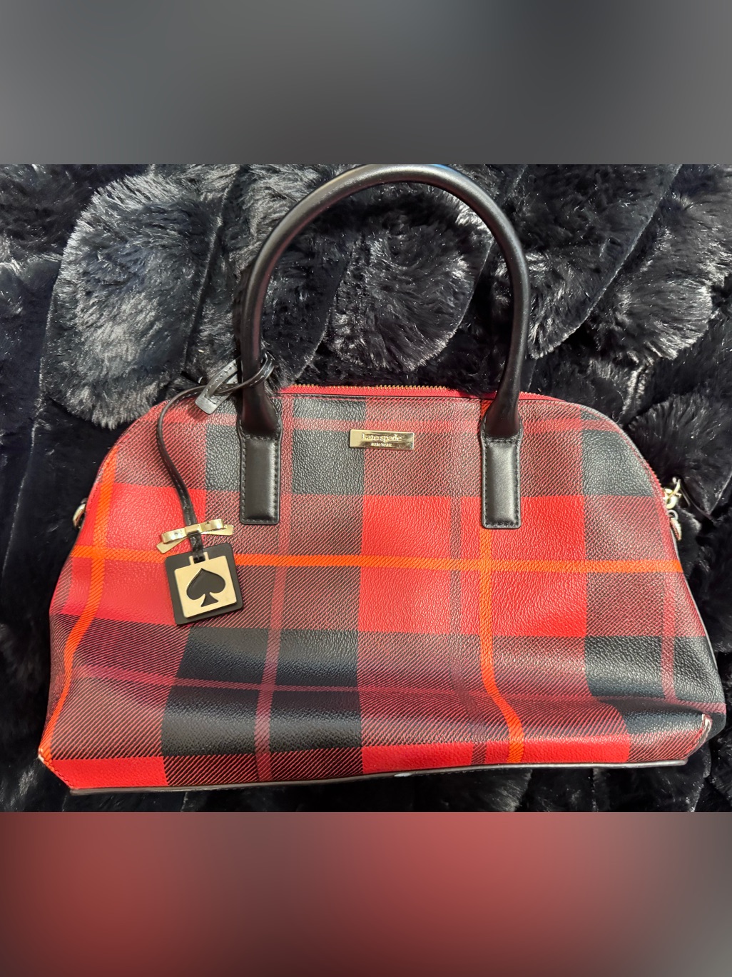 Kate Spade Red & Black Plaid Dome Satchel With Gold Accent